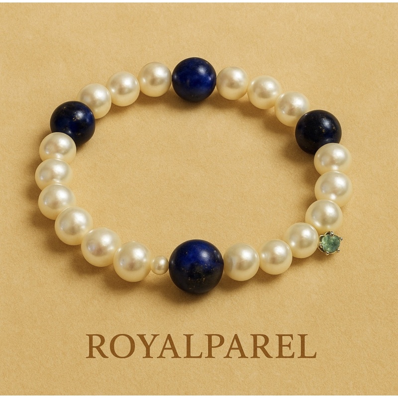 Akoya parels, smaragd, lapis lazuli armband
