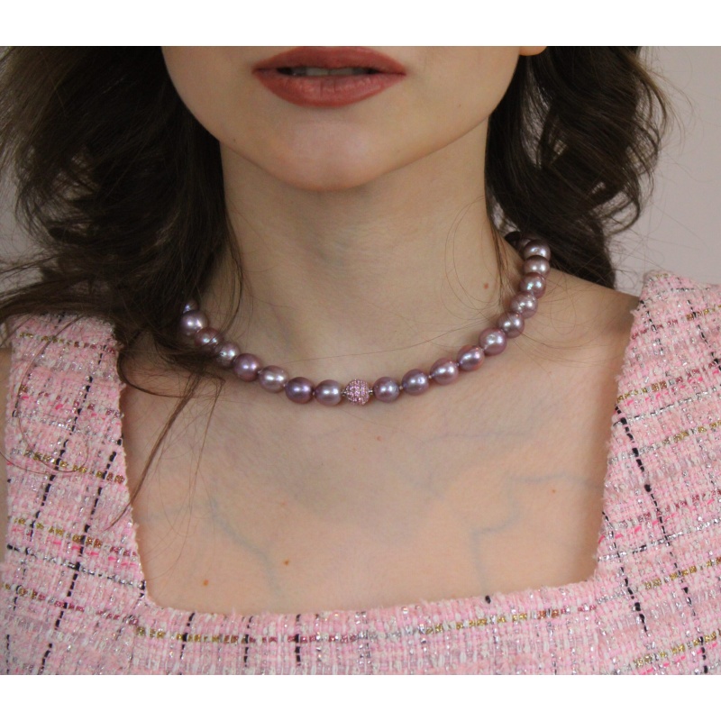 Zoetwater parels collier 11x13mm round paars Edison 925 zilver