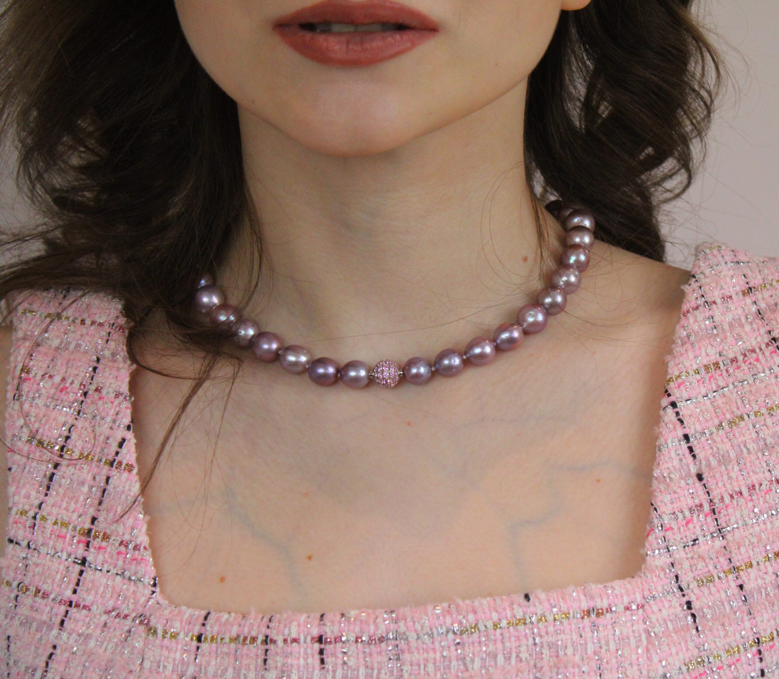 Zoetwater parels collier 11x13mm round paars Edison 925 zilver